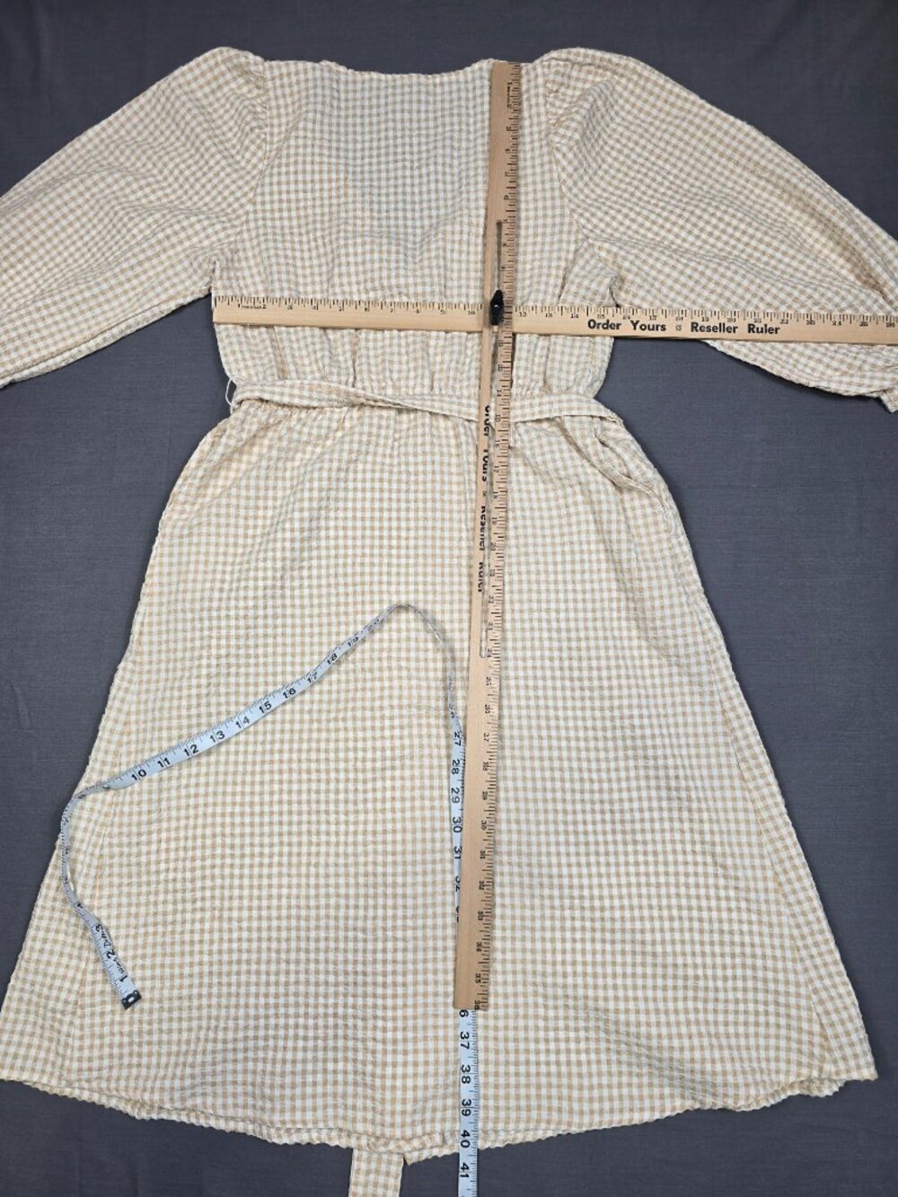 Gingham Wrap Dress Beige & White Puff Sleeve Midi Size M Boho Cottagecore - Picture 3 of 3